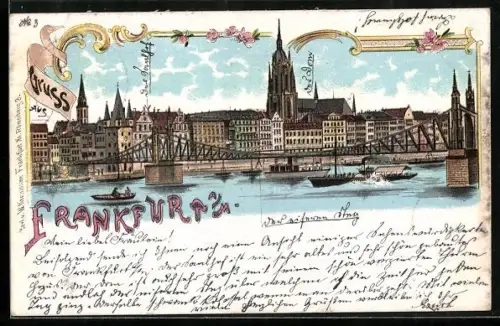 Lithographie Frankfurt a. M., Dom, Mainbrücke