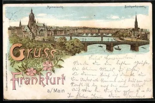 Lithographie Frankfurt, Mainansicht und Blick gegen Sachsenhausen mit Brücke