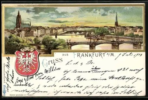 Lithographie Alt-Frankfurt, Stadtansicht mit Dom, Brücken und Stadtwappen