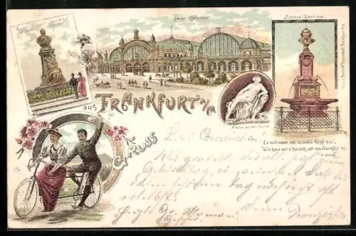 Lithographie Frankfurt a. M., Hauptbahnhof, Stoltze-Denkmal, Kaiser-Wilhelm-Denkmal
