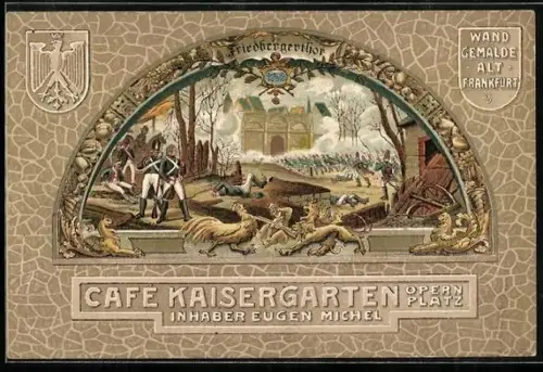 Lithographie Frankfurt /Main, Café Kaisergarten v. Eugen Michel, Wandgemälde Friedbergerthor