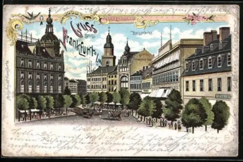 Lithographie Frankfurt /Main, Strassenleben mit Pferdebahn am Rossmarkt