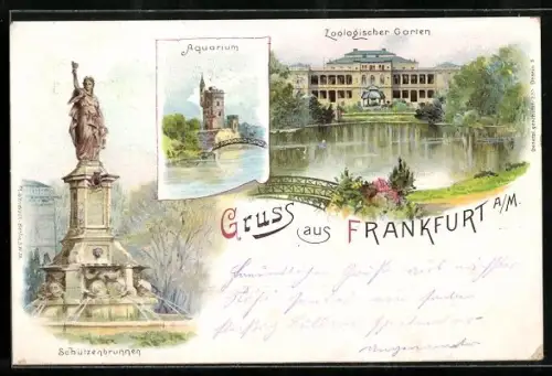 Lithographie Frankfurt-Ostend, Zoologischer Garten, Ruine mit Weiher und Schützenbrunnen