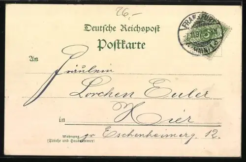 Lithographie Frankfurt-Ostend, Zoologischer Garten, Ruine mit Weiher und Schützenbrunnen