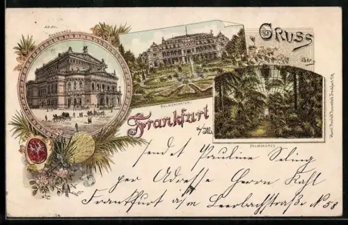 Lithographie Frankfurt-Westend, Opernhaus, Palmengarten, Palmenhaus
