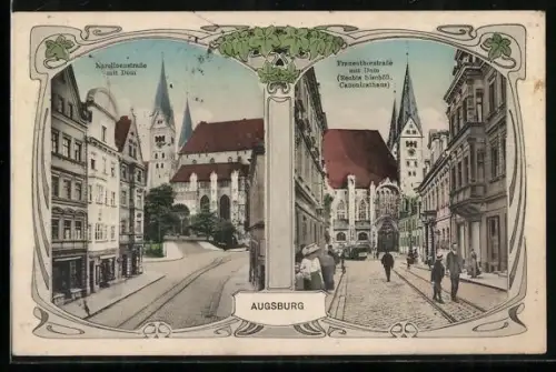 AK Augsburg, Frauentorstrasse mit Dom Rechts bischöfliches Canonicathaus, Carolinenstrasse mit Dom