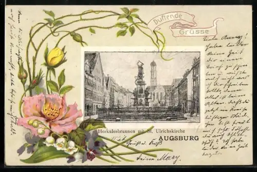 AK Augsburg, Herkulesbrunnen mit St. Ulrichskirche, floraler Rahmen