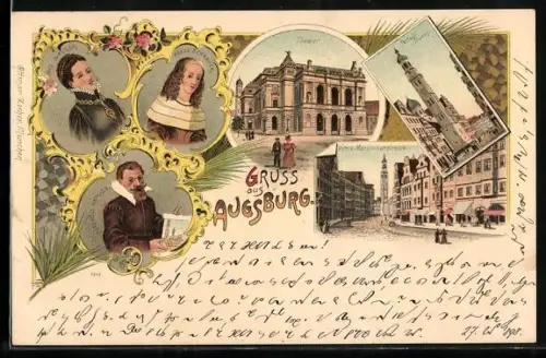 Lithographie Augsburg, Theater, Perlach-Turm, Phil. Welser & Agnes Bernauer