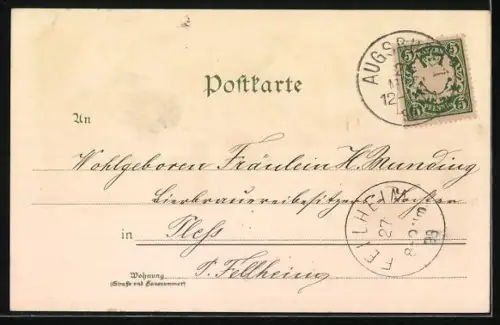 Lithographie Augsburg, Theater, Perlach-Turm, Phil. Welser & Agnes Bernauer