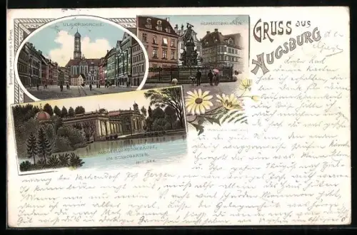 Lithographie Augsburg, Ulrichskirche, Herkulesbrunnen, Ausstellungsgebäude im Stadtgarten mit See