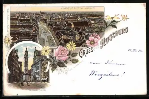 Lithographie Augsburg, Totalansicht, Perlachturm