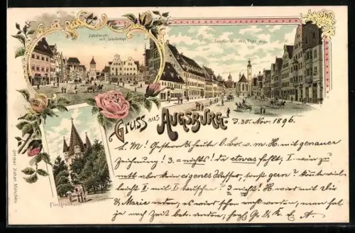 Lithographie Augsburg, Jakoberstr. mit. Jakobertor, Jakoberstr. vom Tor aus mit Kirche, Fünfgradturm