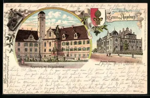 Lithographie Augsburg, Regierung mit Siegesdenkmal, Herries Saalbau