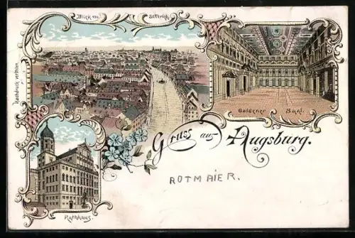 Lithographie Augsburg, Blick von St. Ulrich, Rathhaus mit Goldenem Saal