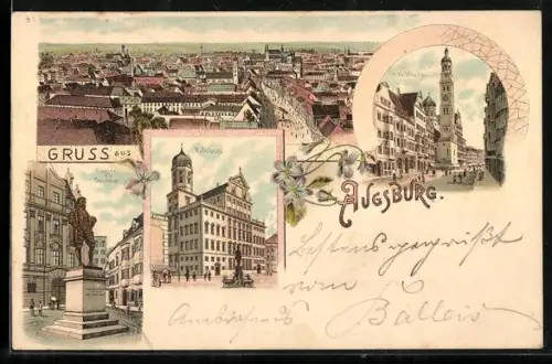 Lithographie Augsburg, Rathaus und Fugger-Denkmal