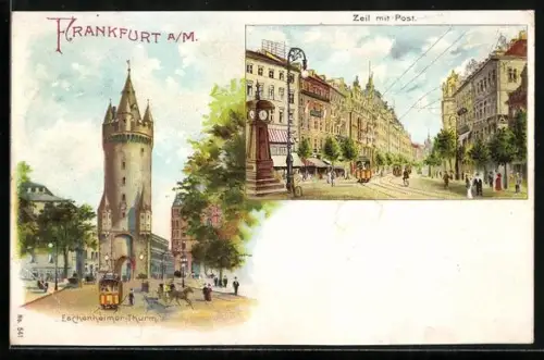 Lithographie Frankfurt a. M., Zeil mit Post, Eschenheimer Turm