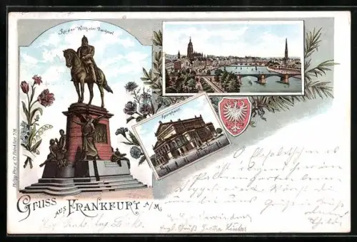 Lithographie Frankfurt a. M., Kaiser-Wilhelm-Denkmal, Opernhaus, Mainpanorama