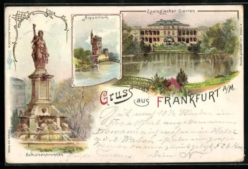 Lithographie Frankfurt-Ostend, Zoologischer Garten, Ruine mit Weiher und Schützenbrunnen