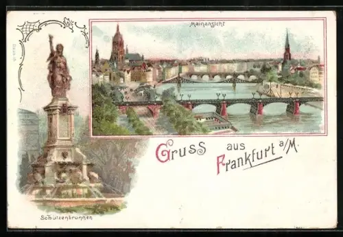 Lithographie Alt-Frankfurt, Ortsansicht Schützenbrunnen, Mainansicht mit Dom