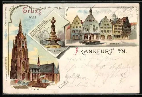 Lithographie Alt-Frankfurt, Dom, Römer & Stoltze-Denkmal