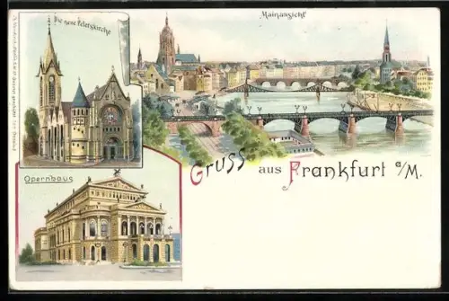 Lithographie Frankfurt /Main, Peterskirche, Opernhaus und Mainansicht