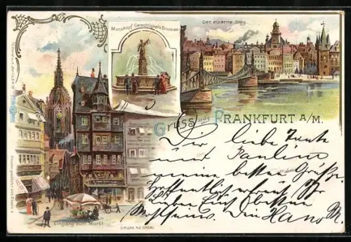 Lithographie Alt-Frankfurt, Eiserner Steg, Gerechtigkeitsbrunnen, Eingang zum Markt