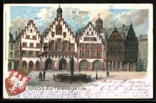 Lithographie Alt-Frankfurt, Brunnen am Römer, Stadtwappen