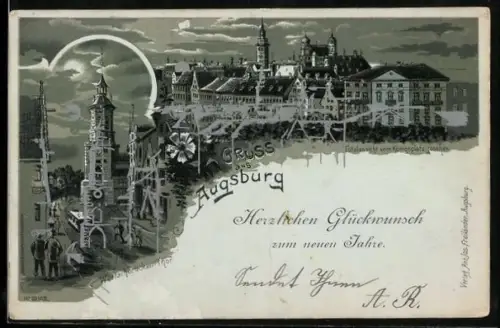 Mondschein-Lithographie Augsburg, Totalansicht vom Königsplatz, Wertachbrücken, Neujahrskarte