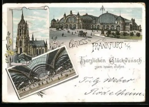 Lithographie Frankfurt am Main, Hauptbahnhof, Innenansicht, Dom