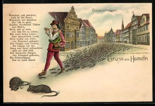 AK Hameln, Der Rattenfänger spielt auf seiner Flöte in der Ostergasse, Ratten nagen Ecke unten links an, Vers