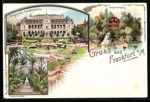 Lithographie Frankfurt-Westend, Palmengarten Gesellschaftshaus und Schweizerhaus