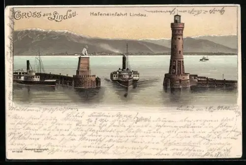 Lithographie Lindau / Bodensee, Hafeneinfahrt, Leuchtturm, Bayerischer Löwe