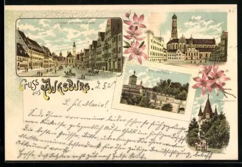 Lithographie Augsburg, Jakoberstrasse vom Thor aus, Rothes Thor