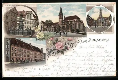 Lithographie Augsburg, Fuggerhaus, Ulrichs-Kirche, Dom