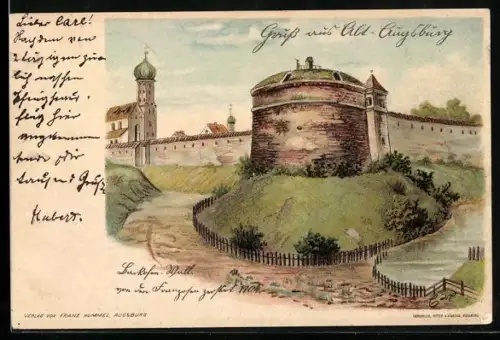 Lithographie Augsburg, Backofen-Wall, von den Franzosen zerstört