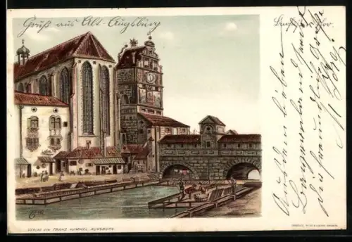 Lithographie Alt-Augsburg, Fischgraben und Barfüsser Tor