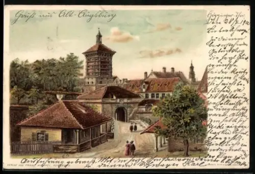 Lithographie Augsburg, Historische Ansicht des Ortes
