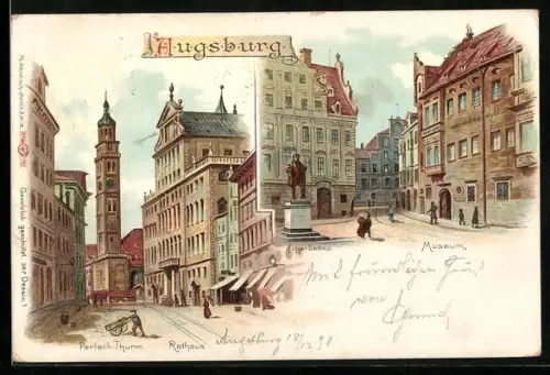 Lithographie Augsburg, Rathaus und Perlach-Turm, Museum mit Fugger-Denkmal