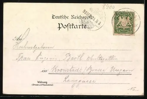 Lithographie Augsburg, Rathaus und Perlach-Turm, Museum mit Fugger-Denkmal