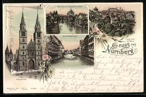 Lithographie Nürnberg, Fleischbrücke, Lorenzkirche, Heilig Geist Spital mit Synagoge, Hallertor mit Burg