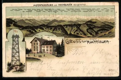 Lithographie Badenweiler, Hotel Hochblauen mit Alpenpanorama