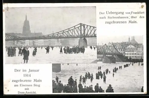 AK Alt-Frankfurt, Zugefrorener Main am Eisernen Steg 1914