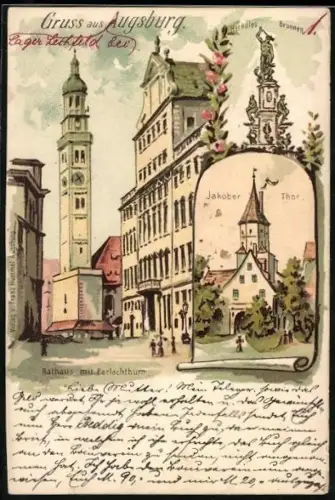 Lithographie Augsburg, Jakober Thor, Rathaus mit Perlachthurm