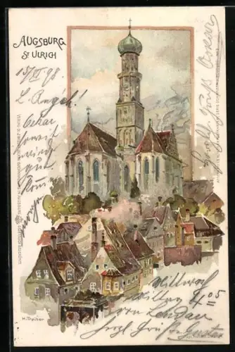 Künstler-AK Augsburg, Teilansicht mit St. Ulrich