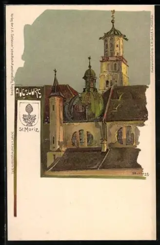 Lithographie Augsburg, Malerische Kirchenansicht St. Moriz, Wappen