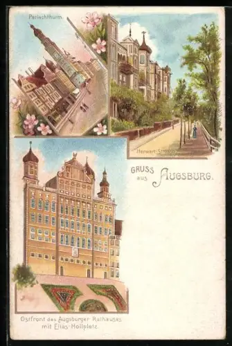 Lithographie Augsburg, Ostfront des Augsburger Rathauses mit Elias-Hollplatz, Perlachturm, Herwart-Strasse