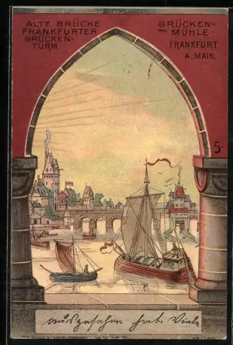 Lithographie Alt-Frankfurt, Blick auf Alte Brücke, Brückenmühle, Schiffe