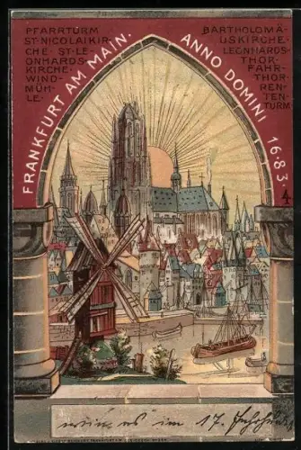 Lithographie Alt-Frankfurt, Blick auf Pfarrturm, St. Nicolaikirche, Windmühle