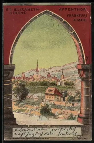 Künstler-AK Frankfurt-Sachsenhausen, St. Elisabeth-Kirche und das Affentor
