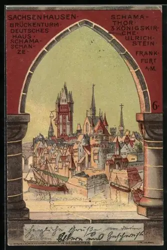 Passepartout-Lithographie Alt-Frankfurt-Sachsenhausen, Fensterdurchblick auf Deutsches Haus und Schamaschanze